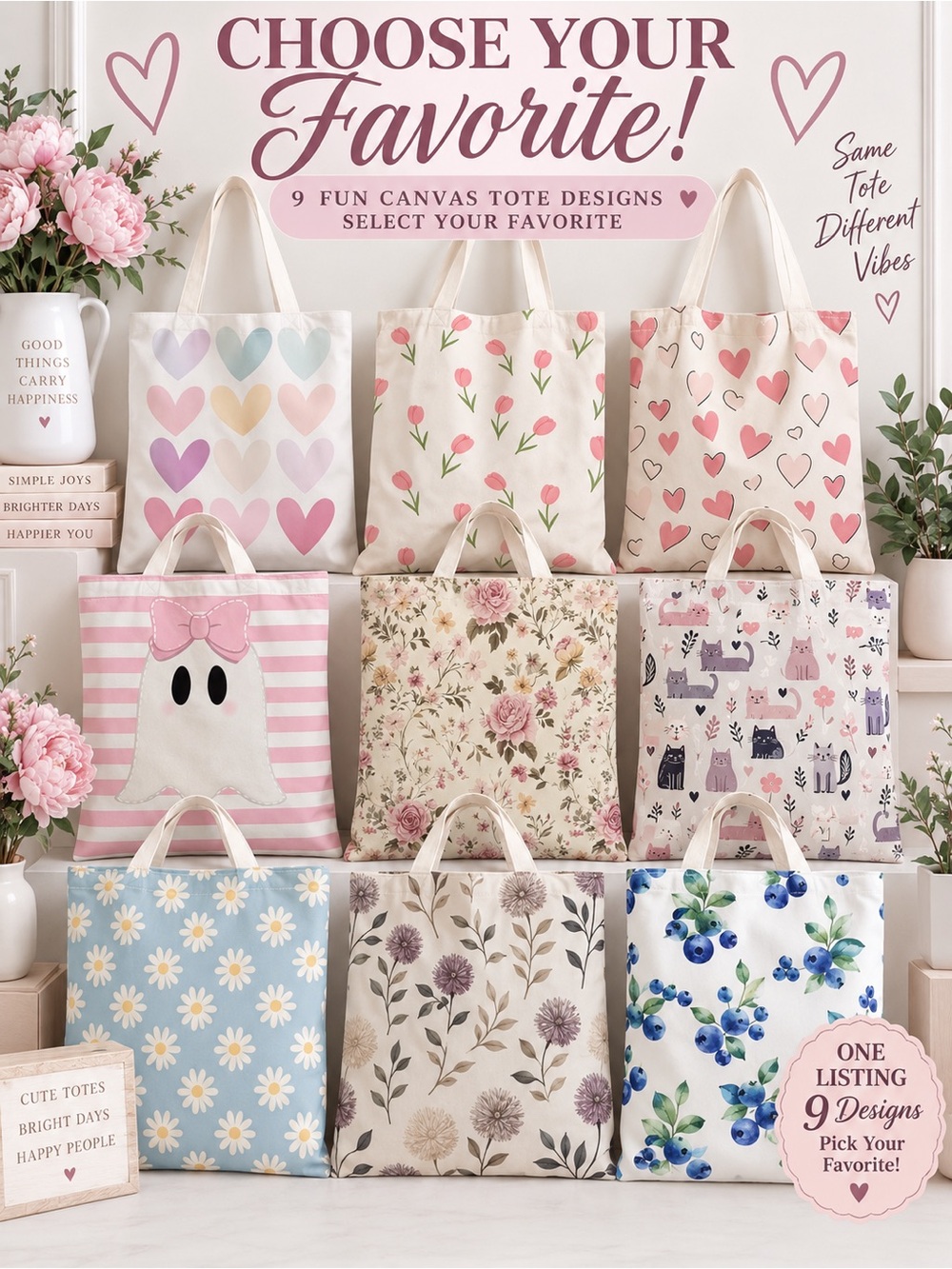 Canvas Tote Bag Cute Reusable Shopping Bag Floral Heart Cat Daisy- Choose 1